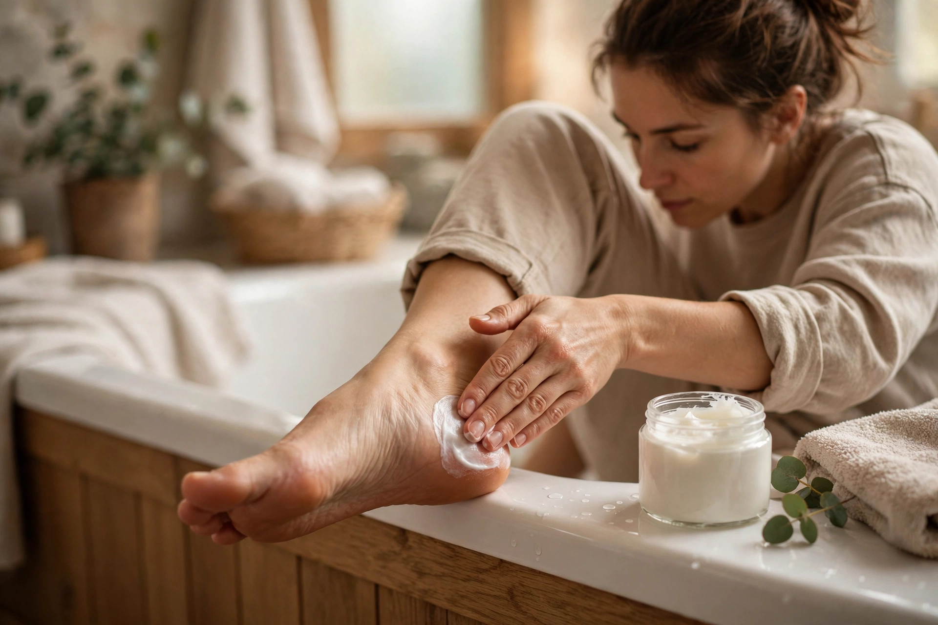 Applying moisturising cream to a heel at home