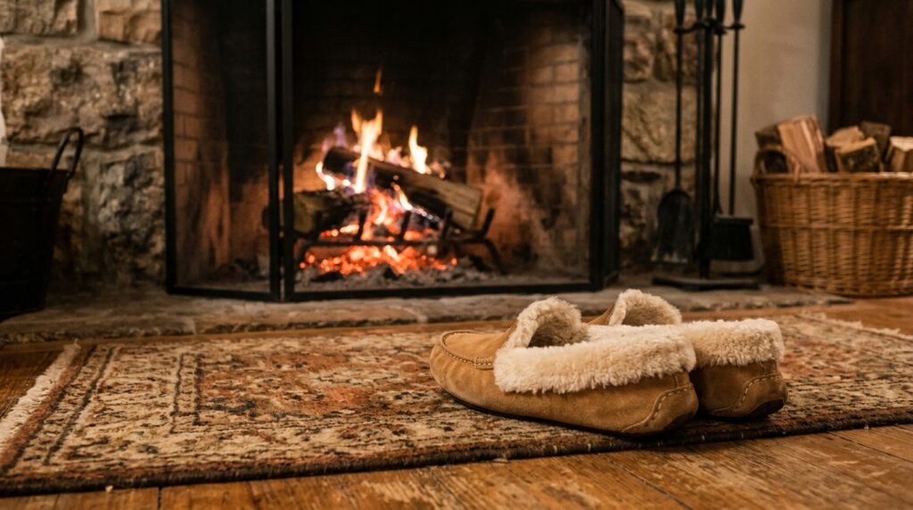 Warm slippers by a fireplace for cold feet