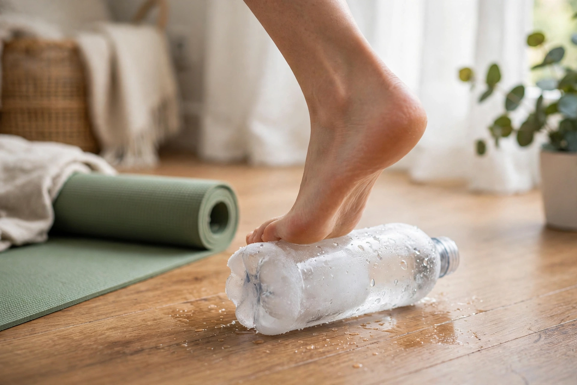 Foot rolling over a frozen water bottle for heel pain relief