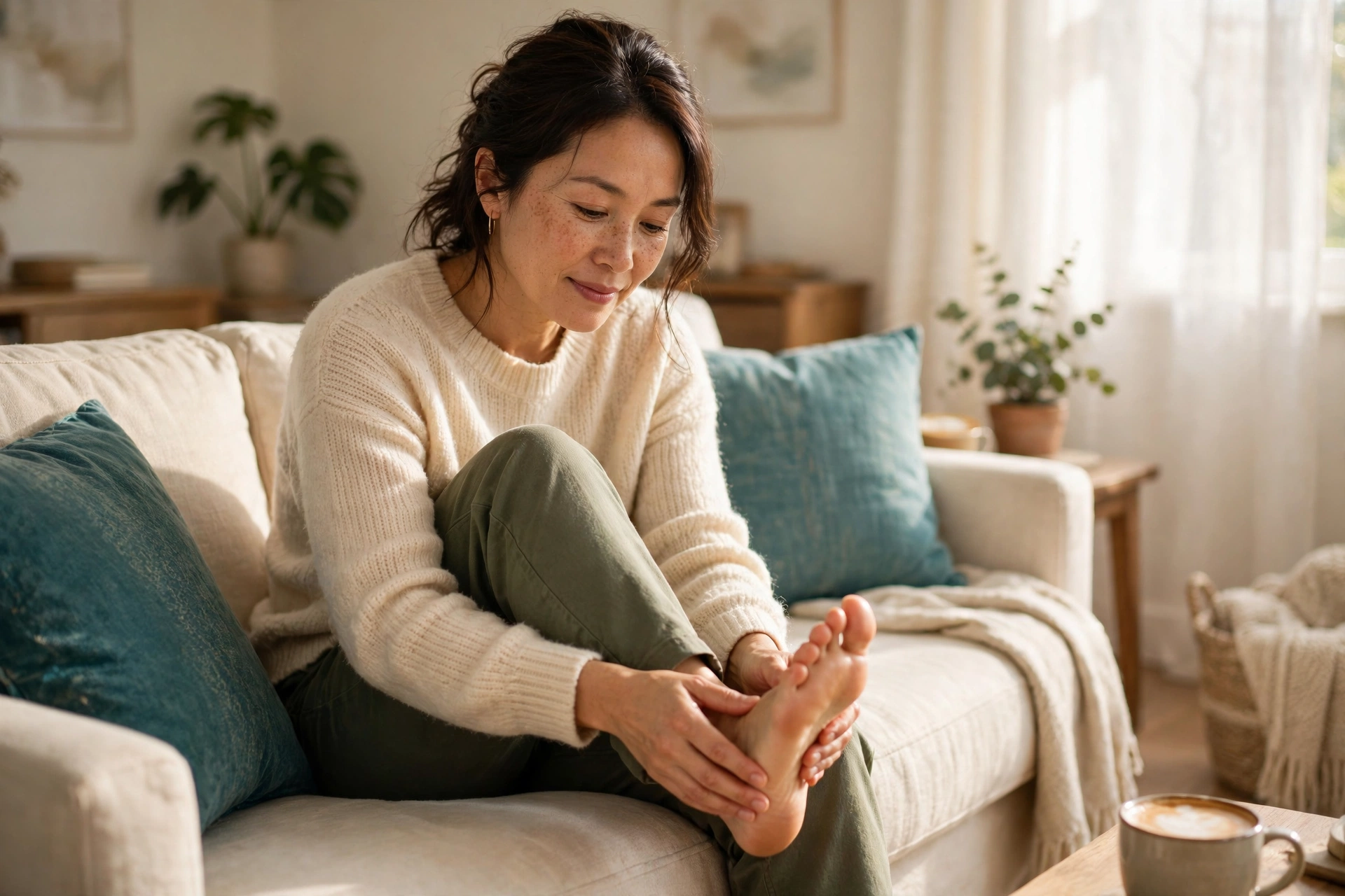 Woman at home holding her sore foot