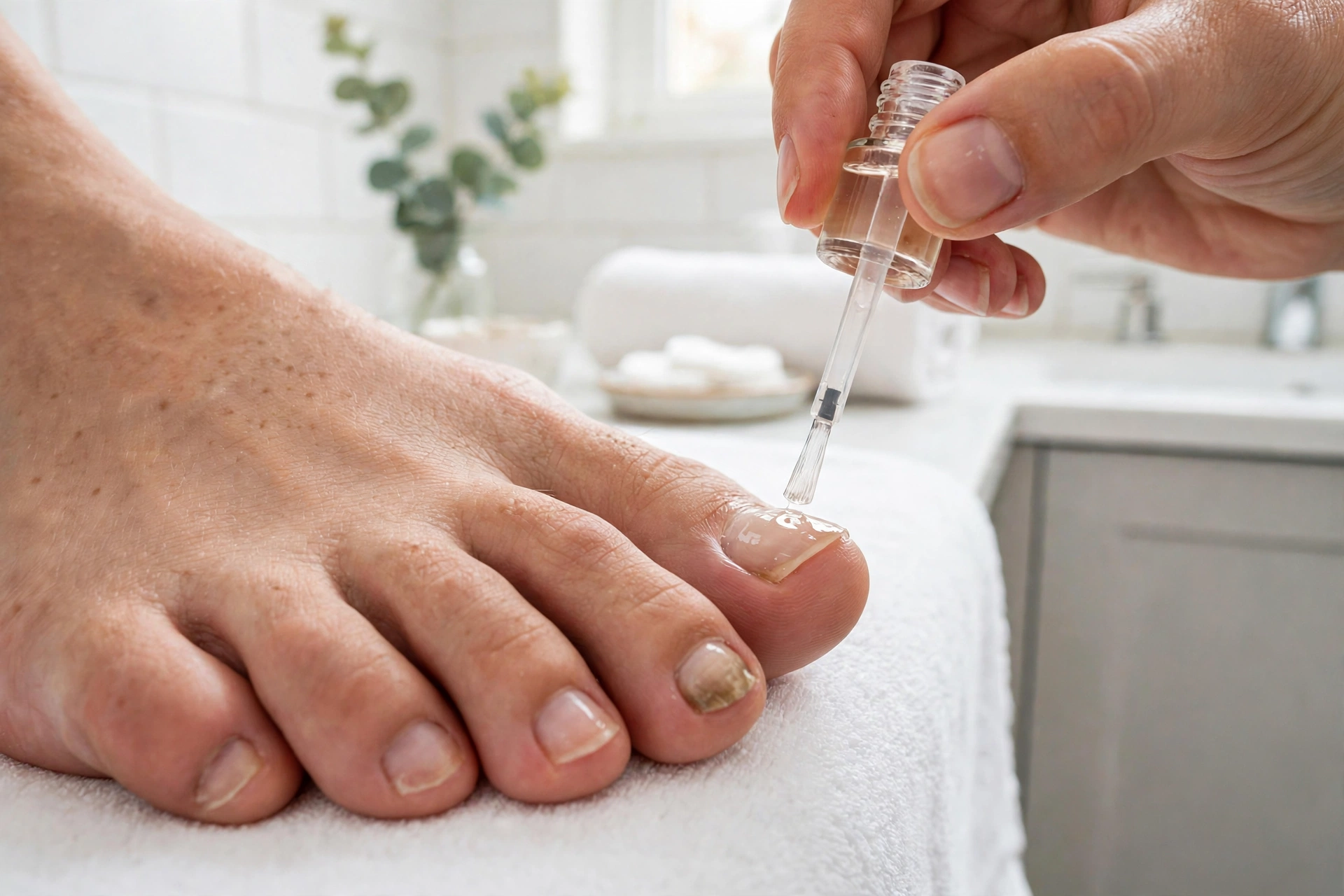 Applying clear nail treatment to toenails with a brush