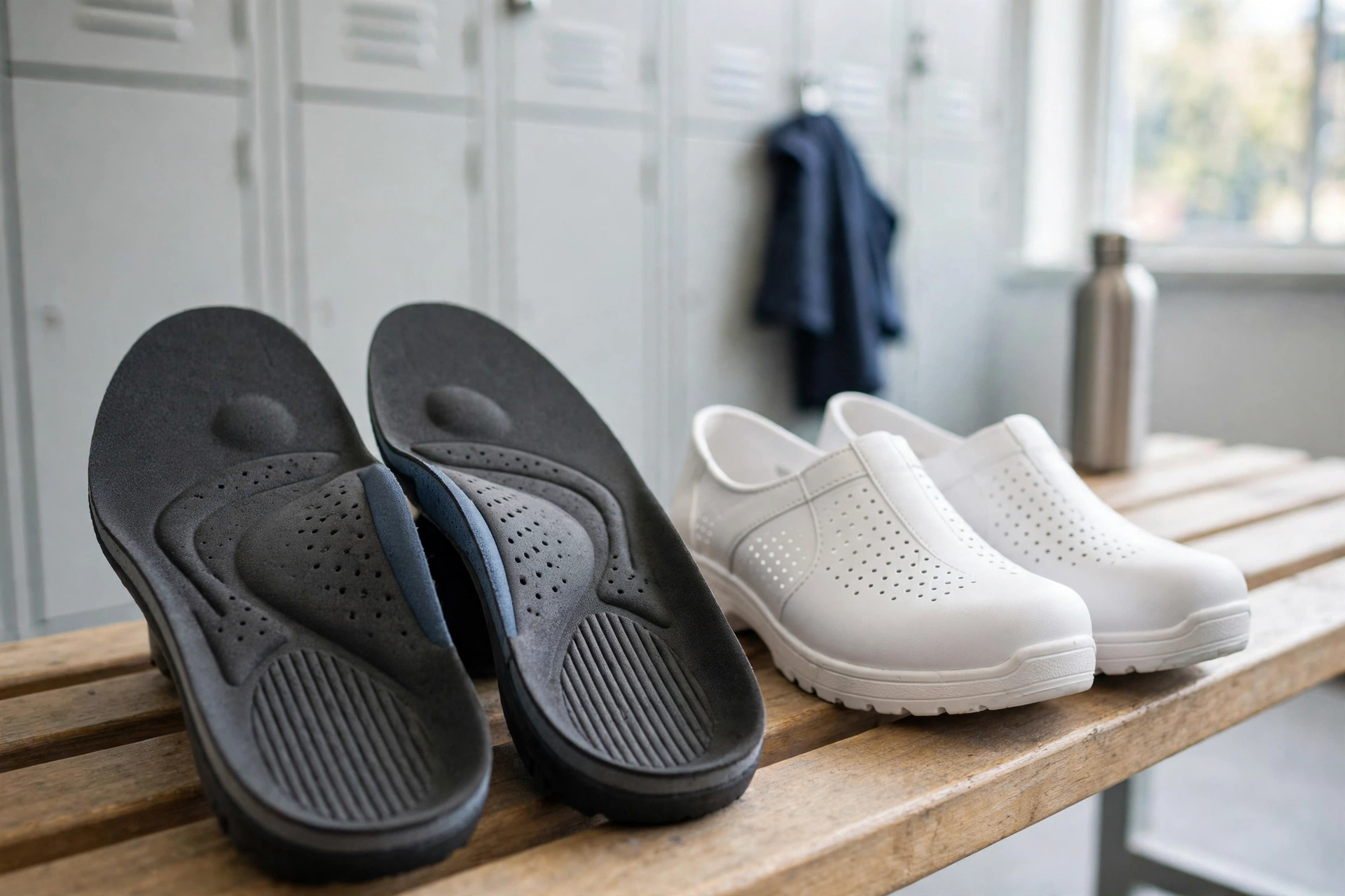 Work insoles beside white nursing shoes