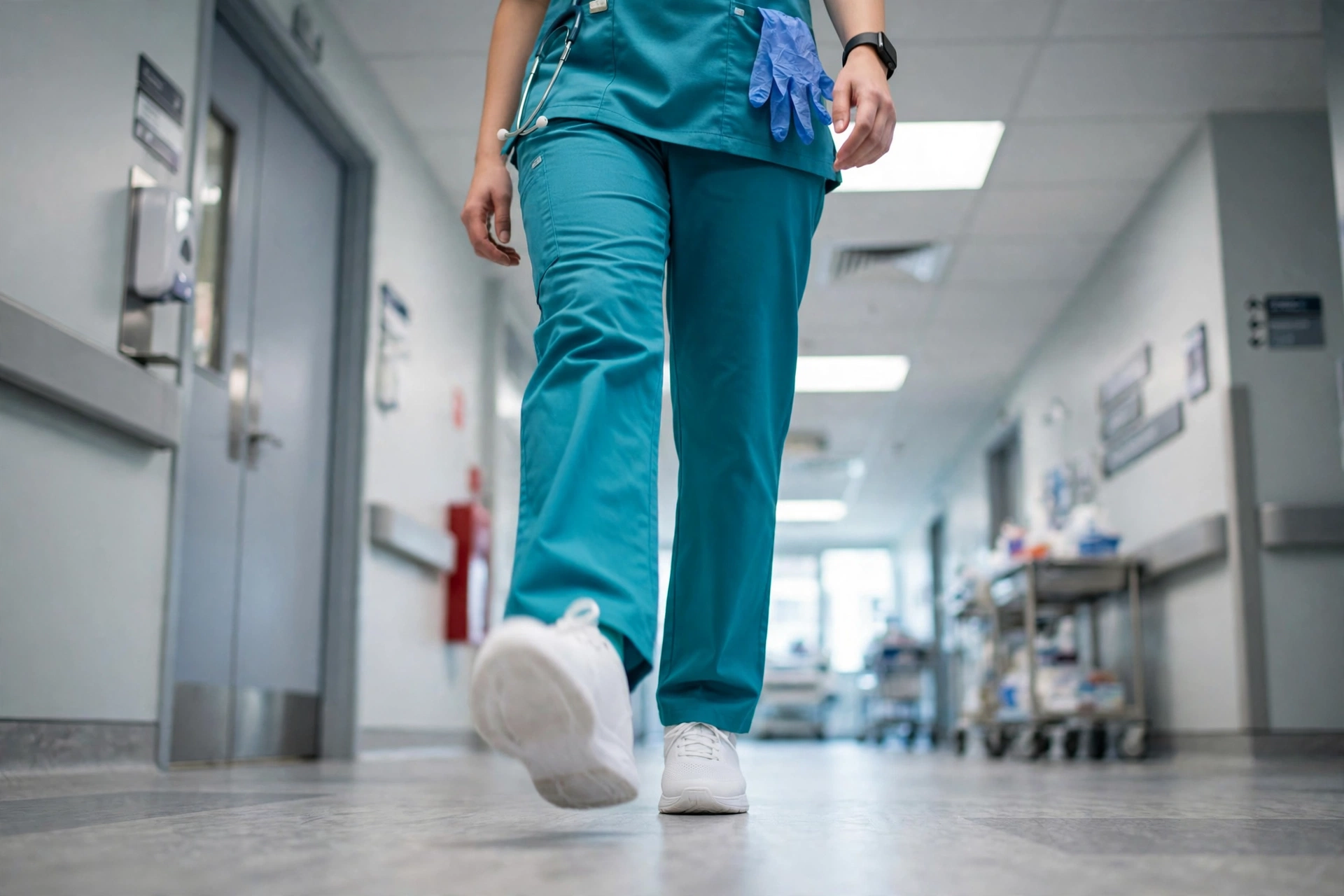 Nurse walking down a hospital corridor in white nursing shoes