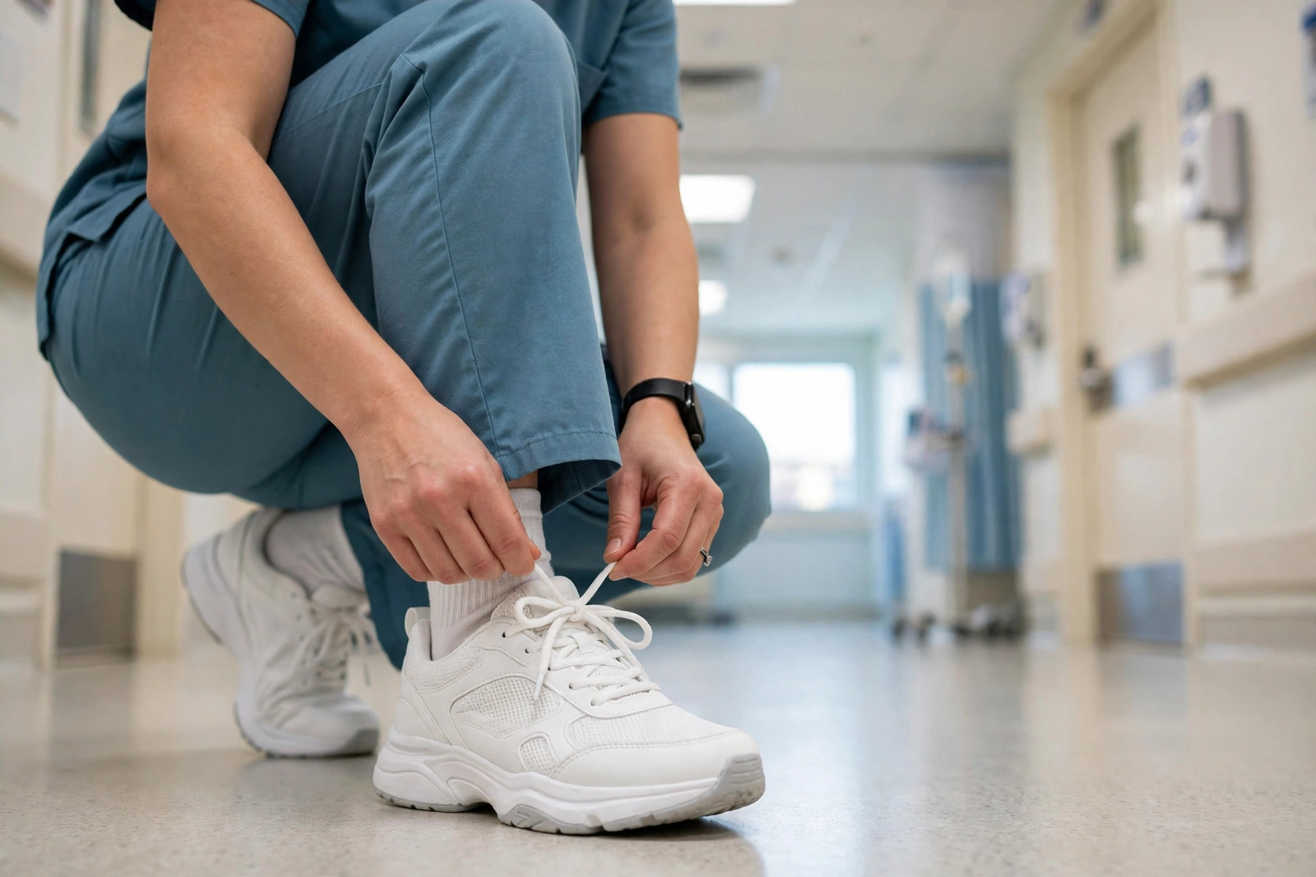 Nurse tying supportive shoes on shift