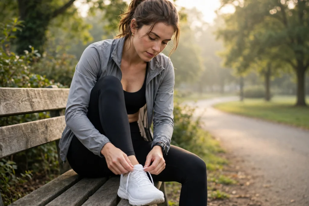 Runner tying a running shoe outdoors
