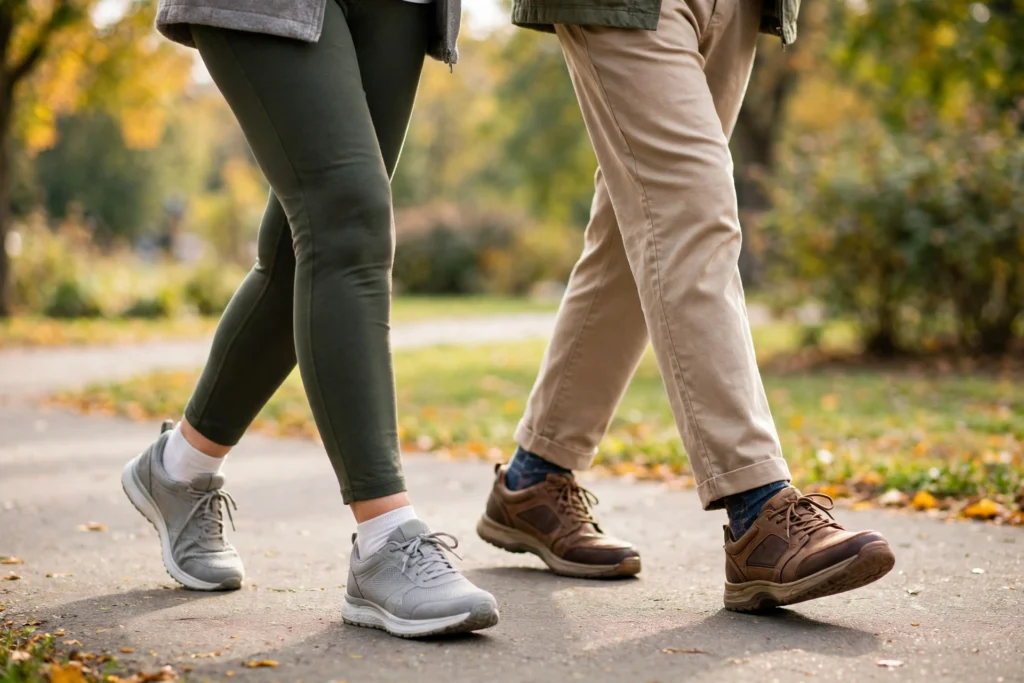 Senior couple walking in comfortable shoes